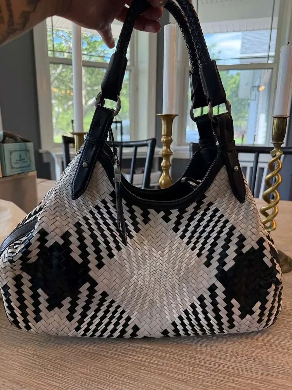 Cole Haan Genevieve Diamond Plaid Woven Leather Shoulder Bag Hobo Black White